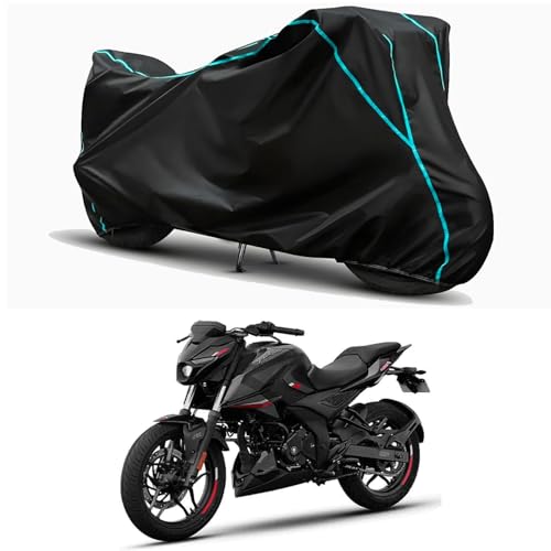 Image of Waterproof Bike Body Cover Compatible for | Bajaj Pulsar F250 ABS | Taffeta Fabric, Sky Piping Design, Bottom Elastic Fit | Dustproof, Sun UV & Rain Protection for All Weather.