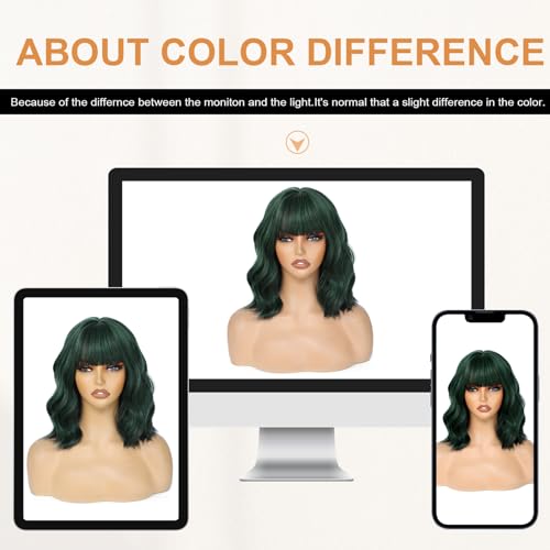 Image of AGO Short Bob Wig with Bangs Dark Green Loose Wave Wigs Shoulder Length 14Inch for Women Colorful Costume Wig Heat Resistant Fiber Hair for Daily Party Halloween Cosplay Use(4 /610#DarkGreen)