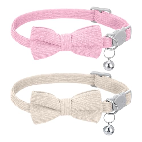 2 Stück Katzenhalsband Weiches Cordhalsband für Kleine Katzen mit Glöckchen und Fliege Katzenhalsband Verstellbar Sicherheitsfliege für Hochzeiten...