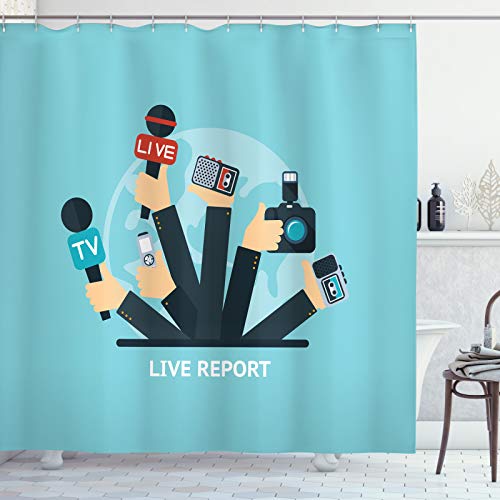 ABAKUHAUS Paparazzi Shower Curtain, News Time Live Reporters Hand Holding Microphones Broadcast Media, Cloth Fabric Bathroom Decor Set with Hooks, 86 Inches Extra Long, Turquoise Petrol Blue