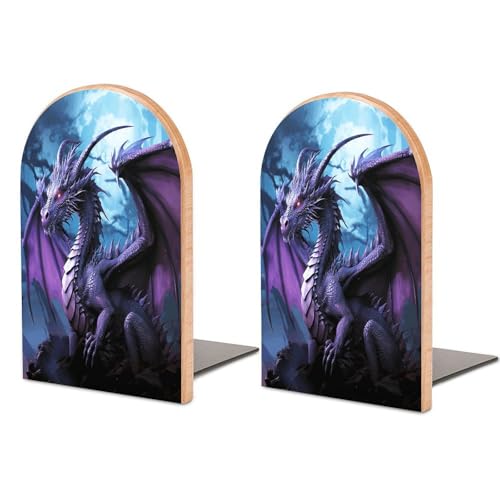 Sujetalibros de madera con dragón morado y luna para estanterías 2