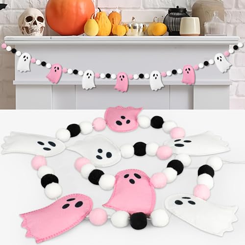 8.2 Ft Halloween Ghost Felt Banner Cute 3D Ghost Ball Garland Pre...