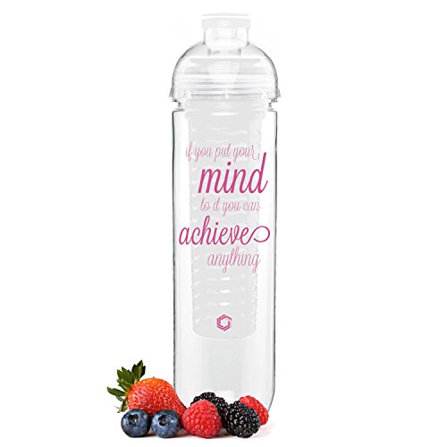 GOMOYO Fruit Infuser Motivational Water Bottle with Quotes, 27oz, BPA-Free (Pink Achieve)