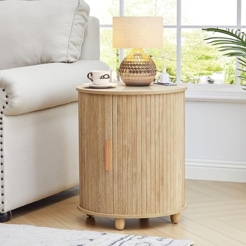 Image of 18 inch Round End Table, Farmhouse Wood End Side Table with Charging Station -2 AC + USB + Type-C, Bohemia Fluted Nightstand with Sliding Door for Living Room, Bedroom (18 Inch, Natural
