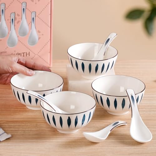 Image of Nestasia Set of 4 Soup Bowl with Spoon (350ml Each) - Ceramic Microwave & Dishwasher Safe Bowls for Serving Soup, Curry, Custard, & Dessert | Teardrop Design Bowl Set Perfect for Gifting & Daily Use