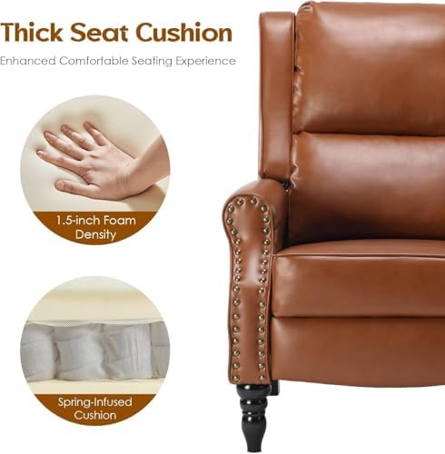 Image of Leather Recliner Chair, Pushback Recliner Chair with Adjustable Backrest Footrest, Mid Modern Reclining with Overstuffed Arms Lumbar Support for Reading, Living Room, Yellow Brown