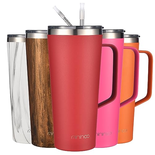 mininoo 30 oz Tumbler with Handle, Insulated Travel Coffee Mug with Lid and Straws, Stainless Steel Coffee Tumbler Leak-proof (Red) 30 Ounces 30 oz Red