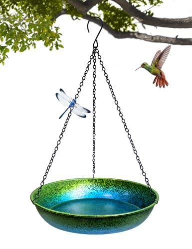 Hanging Bird Bath for Outside Metal Hanging Bird Feeder Window Birds Feeder Hand-Painted Blue and Green Gradient 11 in for Birds to Seed Bathe and Drink for Back Yard, Deck,Patio Garden Decoration