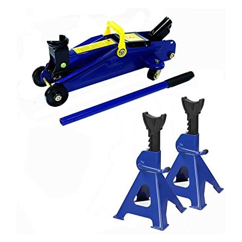 2pcs 3Tonne Car Jack Stands + Heavy Duty Floor Jack 2 Tons(4000lbs) Hydraulic Car Trolley Supporting Vehicle Vans Truck Combo Set Cover