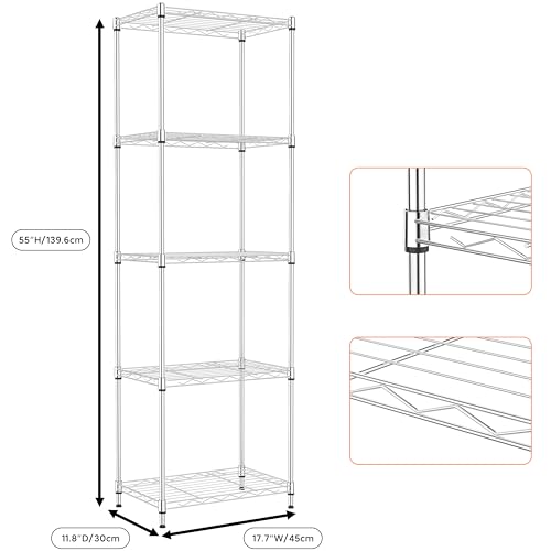 Image of M MZG 5 Tiers Shelf Metal Storage Shelves Wire Rack Closet Organizers with Wheel for Garage Kitchen Bathroom Laundry Chrome 11.8 inch D x 17.7 inch W x 55 inch H