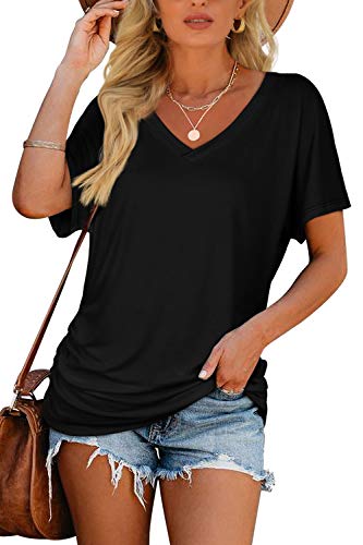 Image of WIHOLL Womens Summer T-Shirts Short Sleeve V Neck Dolman Tops with Side Shirring Loose Fit Shirts Spring Fashion