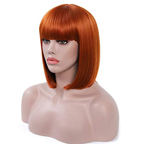Peruca de cabelo sintético liso com franja Rosa Star para mulheres (marrom laranja)