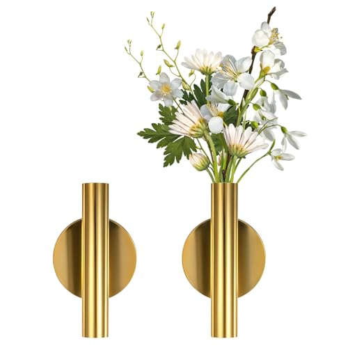 2 PCS Wall Vases for Flowers Gold Flower Vase Metal Hanging Plant Holder Small Gold Vase Flowers Tube Wall Planter Hanging Vase for Modern Home Decor Display Dried Faux Flower Fake Flower