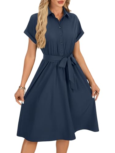 LYANER Women's Collar V Neck Button Front Tie Waist Short Sleeve Ruffle Hem Midi Dress4