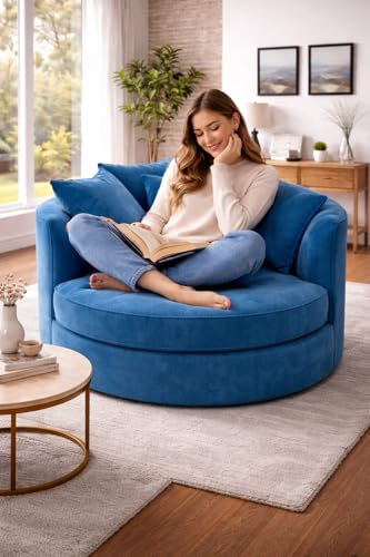Image of SOFALIZE - Modern Barrel Accent with Pillows Round Sofa Modern Combines Contemporary Design Oversize Arm Chair Cozy Club Chair for Bedroom, Living Room, Lounge, Hotel & Office Hallways Sofa (Blue)