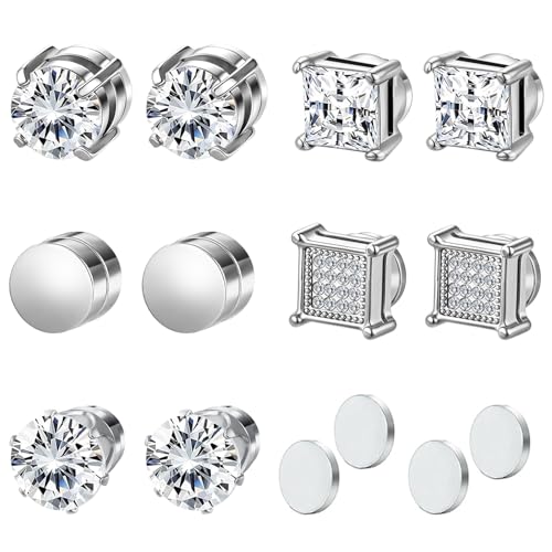 5 Pairs Stainless Steel Magnetic Stud Earrings for Men Women, Non Piercing Clip On CZ Stud Earrings Set Fashion Fake Earrings Jewelry Set for Sensitive Ear