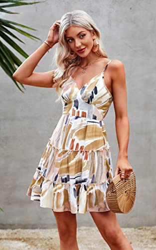 Image of ECOWISH Summer Dresses for Women 2026 V-Neck Spaghetti Strap Bowknot Backless Sleeveless Lace Mini Swing Skater Dress