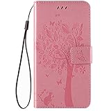 Material: PU leder Hpory Kompatibel mit Nokia 7.1 Hülle, Nokia 7.1 Handyhülle Retro Muster PU Leder mit Handschlaufe Strap Standfunktion Brieftasche Geldbörse Wallet Case Cover Etui Schutzhülle Tasche - Baum Pink