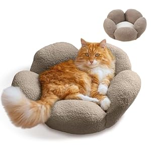 Catstages Purrfect Petals Washable Flower Shaped Round Cat Bed for Indoor Cats, Plush, Tan