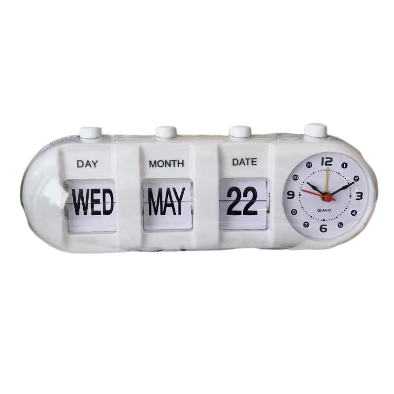Perpetual Desk Calendar with Clock, Manual Flip Alarm Clock Battery Powered Calendar Alarm Clock Desktop Clock for Study Room Office (White)