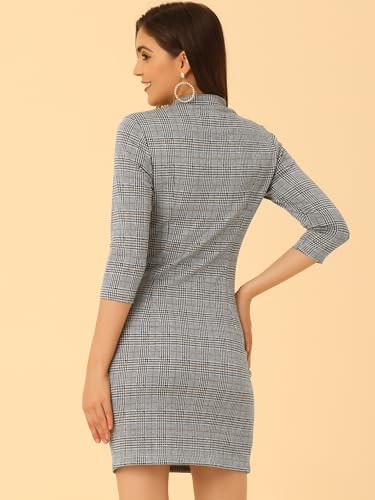 Allegra K Women's Mock Neck 3/4 Sleeve Slim Check Office Work Plaid Dress4
