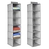 mDesign Long Soft Fabric Over Closet Rod Hanging Storage Organizer with 6 Shelves for Clothes, Leggings, Lingerie, T Shirts - Textured Print with Solid Trim - 2 Pack, Gray