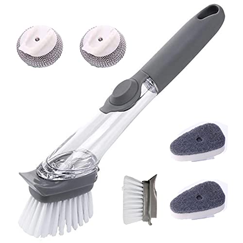jiusheng 3-in-1 Soap Dispensing Dish Brush with 6 Replacement Brush Heads,Dish Brush with Soap Dispenser(1 x Fill Handle+2 x Brush+2 x Sponge Brush+2 x Steel Wire Balls Brush)