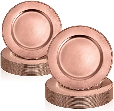 24 Packs Charger Plates Plastic Round Plate Metal-like Plastic Dinner Plate Beaded Dinner Chargers Reusable Charger and Service Plate for Dinner, Wedding, Party, Event, Decoration (Rose Gold)
