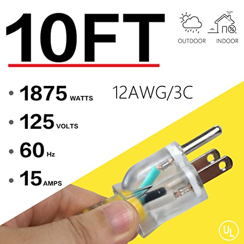 2 Pack Outdoor Extension Cord - 10 Feet 12/3 Gauge Sjtw 3 Prong Cable Grounded Plug Heavy Duty Ul Listed Weather Resistant 15 Amp 125 Volts Yellow For Garden Lawn #TOP1