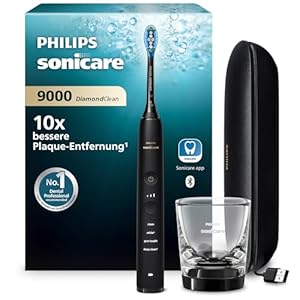 Philips Sonicare DiamondClean 9000 elektrische Zahnbürste, Schallzahnbürste mit App, Drucksensor, 4 Putzmodi, 3 Intensitätsstufen, Ladeglas und USB-Reiseetui, Schwarz, Modell HX9911/09