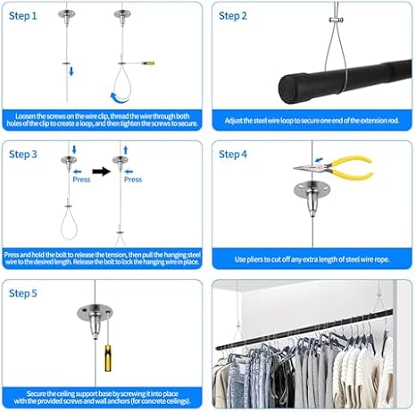Closet Rods for Hanging Clothes, 17 to 39 Inches Stepless Adjustable Metal Closet Rod, Ceiling Support for Closet Rod for Closet Wardrobes Laundry RV
