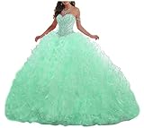 Lovely Romana Women’s Beaded Sweetheart Prom Ball Gown Dresses 2019 Organza Ruffles Skirt Quinceanera Dresses for Sweet 16 Mint Green