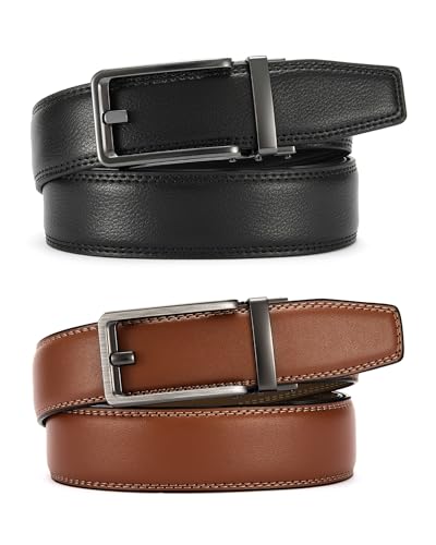 Image of CHAOREN Click Belts for Men 2 Pack - 1 3 /8 inch Leather Ratchet Belt | Trim to Fit, Gift Box, Micro-adjustable, Scratch Resistant Buckle, Formal Suits, Dress Pants, Casual Jeans, Golf