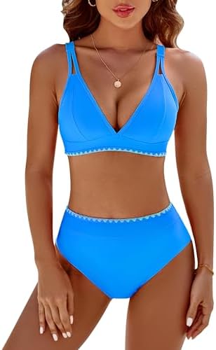 BMJL Women&#39;s Bikini Sets V Neck High Waisted Swimsuits Shell Stitched Cheeky Two Piece Bathing Suit