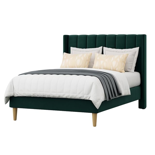 Image of Wooden Upholstered Bed King Size Without Storage | Wrought Iron King Size Cot with Headboard | Double Size Bed for Bedroom | Palang Furniture for Guest Room, Dark Green, (Dark Green)