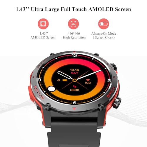 Image of Popglory Smart Watch, 1.43''AMOLED 45mm Military Smartwatch Men Women Answer /Make Call, Digital Fitness Watch, 110+ Sports, Blood Pressure, Heart Rate, Stress Monitor Sports Watch for Android or iOS