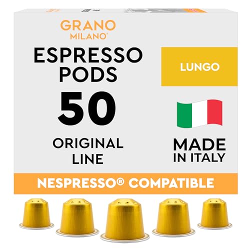 New Grano Milano Lungo Coffee Capsules- 50 Aluminum Coffee Pods Compatible with Nespresso Original line,100% Arabica Medium Roast - Intensity 8/12, Made in Italy