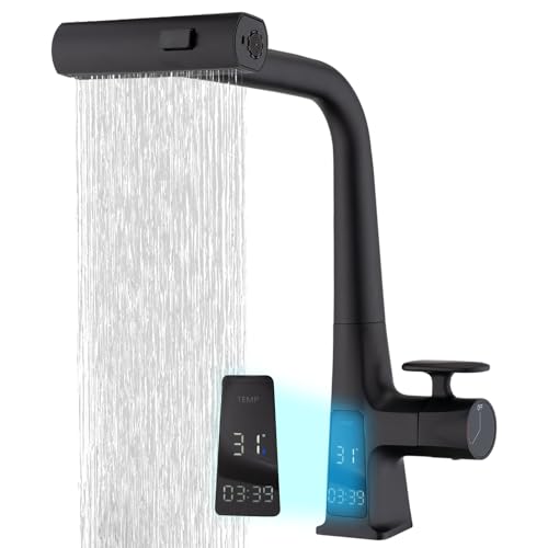 Black Waterfall Kitchen Sink Faucet with LED Temperature and Usage