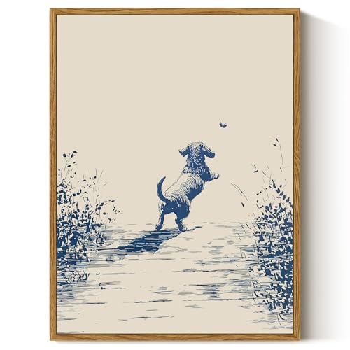 Image of ARPEOTCY Vintage Framed Canvas Wall Art, 12x16inch, Farmhouse Happy Dog Wall Decor, Animal Art Prints Home Decorations, Sketch Paintings for Living Room Bedroom Shelf Decor