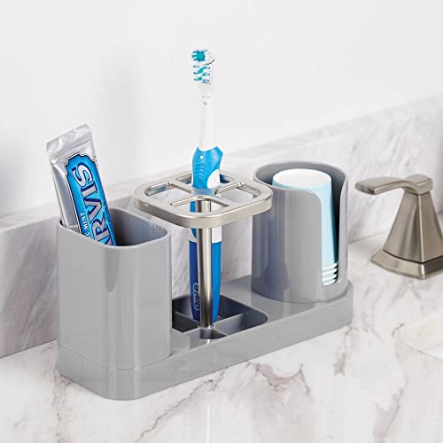 Mdesign Plastic Bathroom Vanity Countertop Dental Storage Organizer Holder Stand For Electric Spin Toothbrushes/Toothpaste With Compartment For Rinse Cups - Compact Design - Gray/Brushed #TOP1