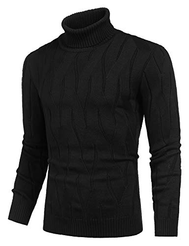 Coofandy Suéter masculino slim fit gola rolê casual tricotado pulôver, 01 - Preto, Medium