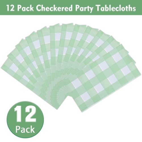 Image of Kesfey 12 Packs Sage Green Gingham Tablecloth Sage Green and White Checkered Table Cloths 54 x 108 Inches Disposable Plastic Gingham Tablecovers Waterproof Picnic Camping Table Covers for Baby Shower