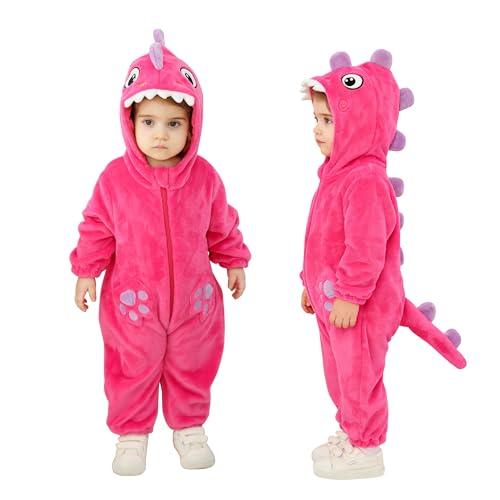 Image of TONWHAR Dinosaur Costume for Toddler Boys & Girls, Cute Baby Animal Romper Halloween Dress Up Onesie