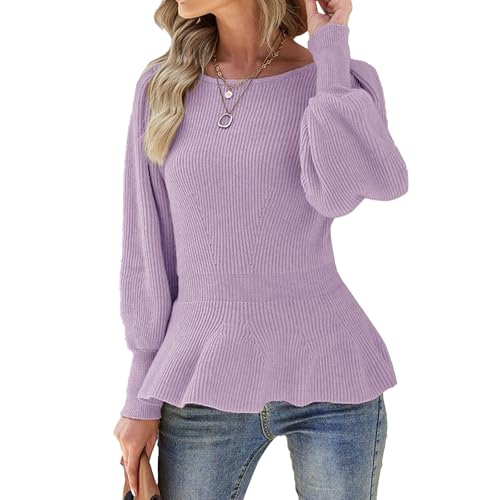 Suéter Informal Ajustado con Peplum y Mangas abullonadas para Mujer, Estilo Babydoll de otoño, Moderno Jersey de Punto Acanalado, Morado, Talla Extragrande.