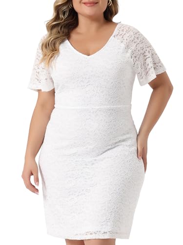Agnes Orinda Plus Size Dress for Women Elegant V Neck Short Sleeves Cocktail Wedding Guest Bodycon Lace Pencil Dress