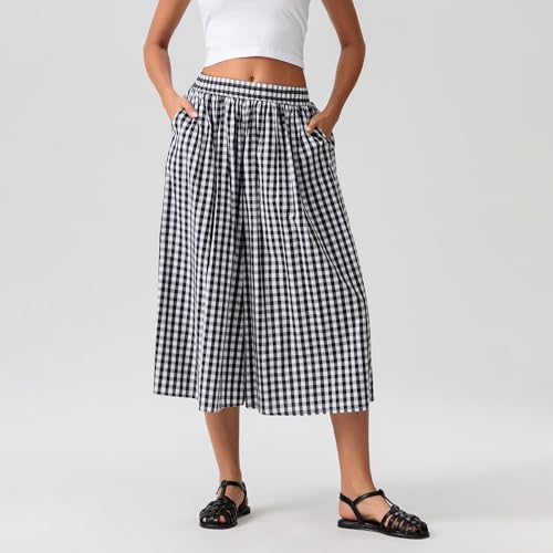 Felcia Women's Y2k Plaid Capri Culottes Elastic Waistband Wide Leg Loose Casual Pull On Trousers with Side Pocket (A-Black, S) - Image 2