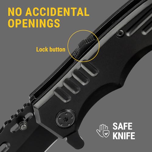 Grand Way 6681 Safety Lock Pocket Knife - Spring Assisted 3.4-Inch Sharp Blade - Folding Tactical Black Knife With Aluminum Handle - Ideal Knives Set thumb #2
