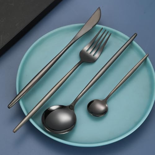 Image of 4 pcs Flatware Set, Black Silverware Set for 1, Knife Fork Spoon, Stainless Steel Home Dinnerware Tableware,Mixed Cutlery Set Eating Utensils for Restaurants (4 Pcs Black)