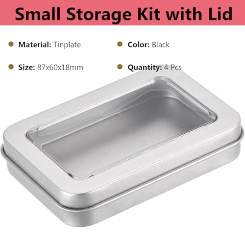 Image of AKOAK 4 Pcs Metal Rectangular Empty Hinged Tins, 3.4x2.4x0.7 Inch Portable Clear Top Box Containers Small Storage Kit with Lid, Home Organizer for Storage Drawing Pin Candies Jewelry Crafts, Silver