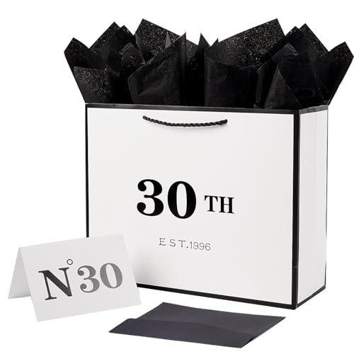 30th Birthday White Black Large Gift Bag with Card and Tissue Paper, Metallic Printing...